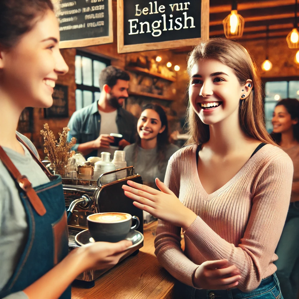 A student confidently using English in a real-world setting. The scene shows a young adult having a fluent conversation with a barista while ordering coffee at a café. The student is smiling, using clear hand gestures, and appears comfortable in the interaction. The café setting is warm and inviting, with other customers in the background. The atmosphere emphasizes practical, real-world language skills and confident communication.