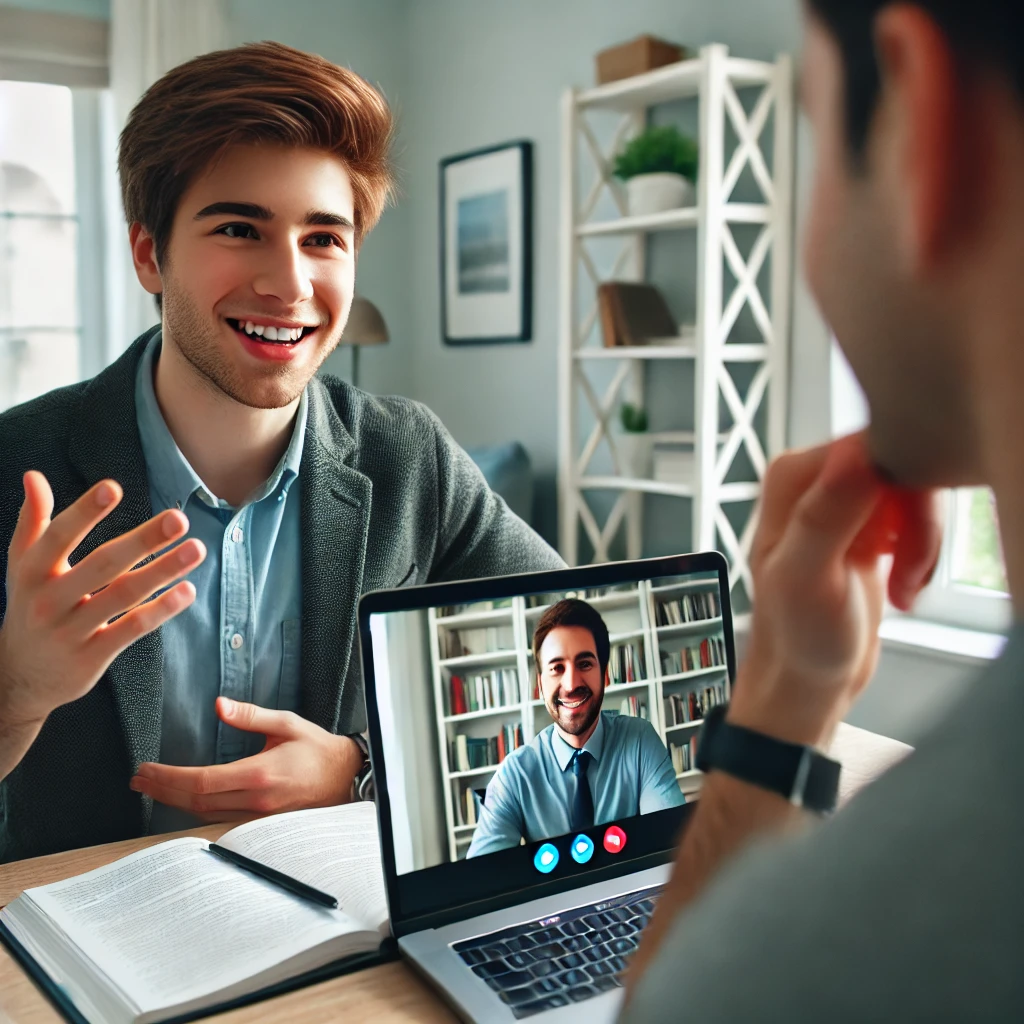 A confident student engaging in an online English lesson. The student, a young adult, is speaking clearly and enthusiastically on a video call with their tutor. They appear self-assured, using hand gestures and smiling. The tutor on the screen is nodding in encouragement. The setting is bright and professional, with a bookshelf and a cup of coffee on the desk. The atmosphere emphasizes confidence, effective communication, and language mastery.